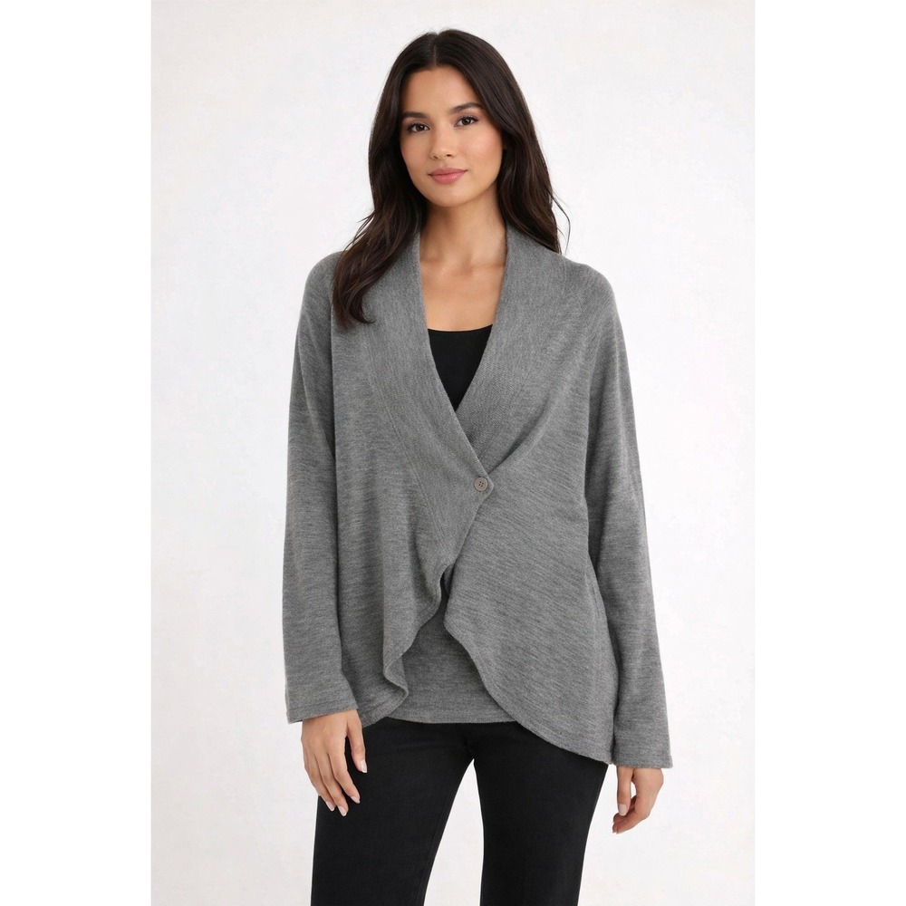 Trina Turk Gray Asymmetric Merino Wool Cross Over Cardigan MD Minimalist Neutral